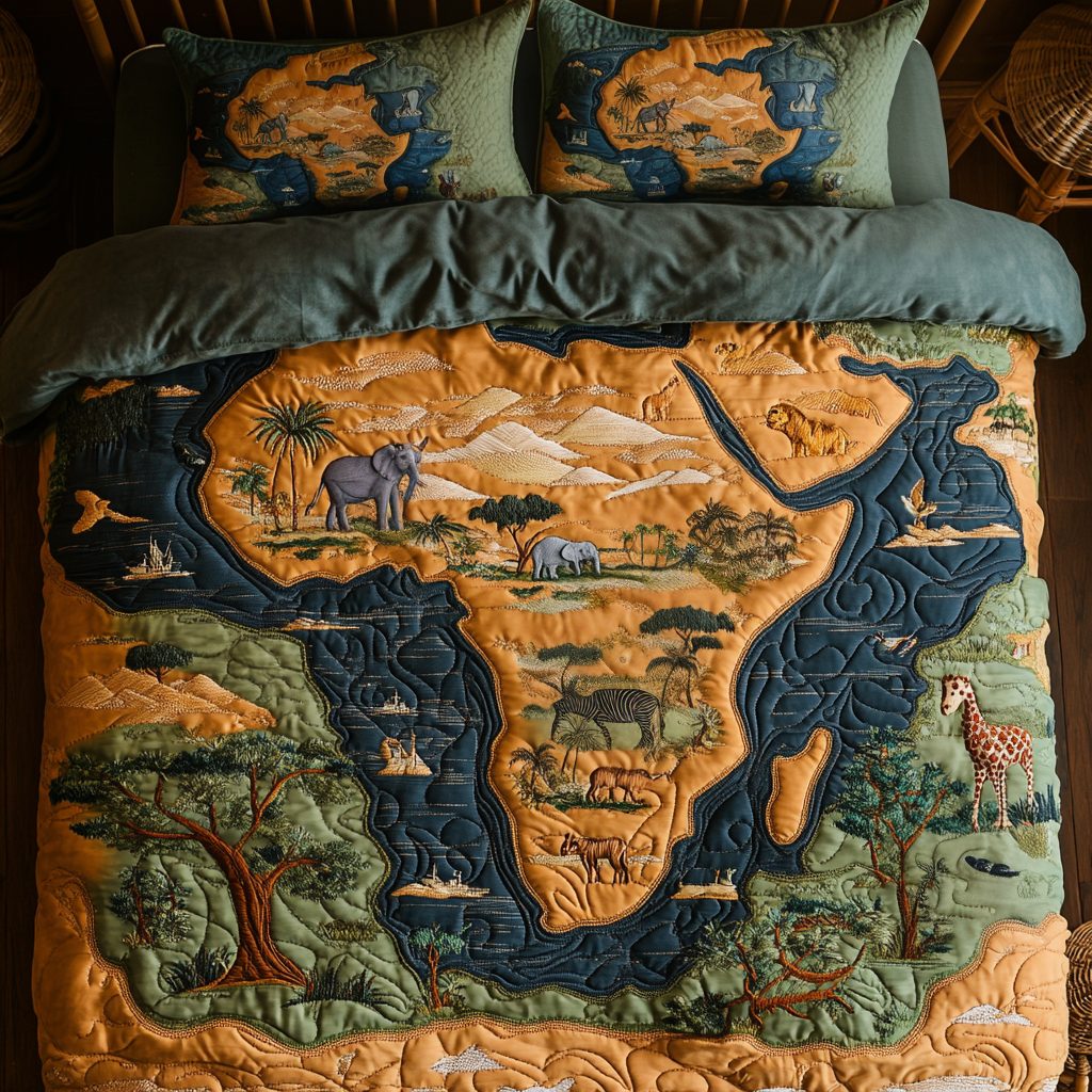 Savannah Soul quilted 3-piece bedding set on a made bed with two matching pillow shams