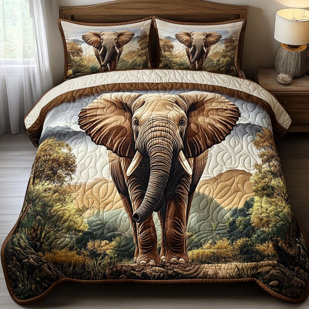 Savannah Stroll quilted 3-piece bedding set on a made bed with two matching pillow shams