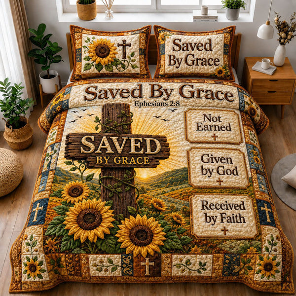 Saved by Grace Ephesians Sunflower quilted 3-piece bedding set on a made bed with two matching pillow shams