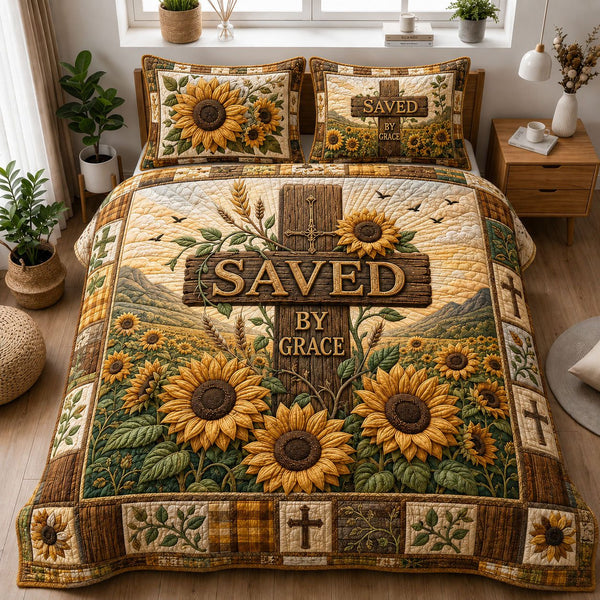 Saved by Grace Rustic Sunflower Cross quilted 3-piece bedding set on a made bed in a softly lit bedroom