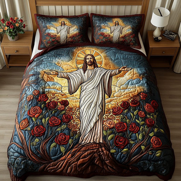 Savior Field quilted 3-piece bedding set on a made bed with two matching pillow shams