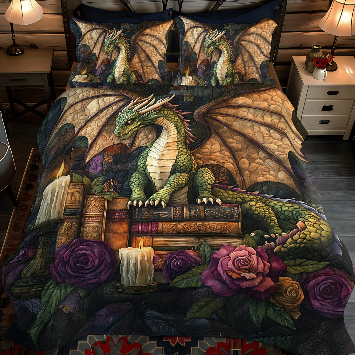 Scaled Sovereign quilted 3-piece bedding set on a made bed with two matching pillow shams