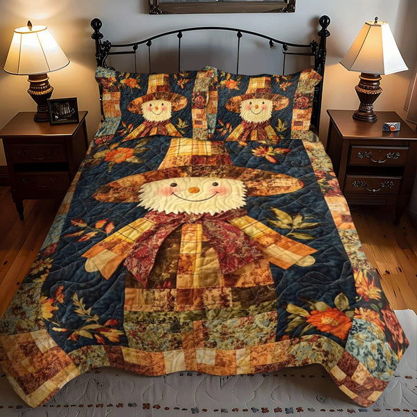 Scarecrow Autumn Festivities quilted 3-piece bedding set on a made bed with two matching pillow shams