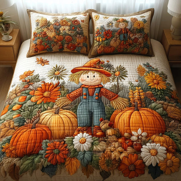 Scarecrow for Fall quilted 3-piece bedding set on a made bed with two matching pillow shams