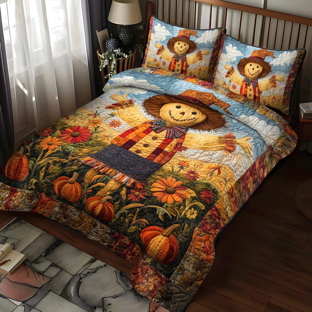 Scarecrow Harvest Vibe quilted 3-piece bedding set on a made bed with two matching pillow shams