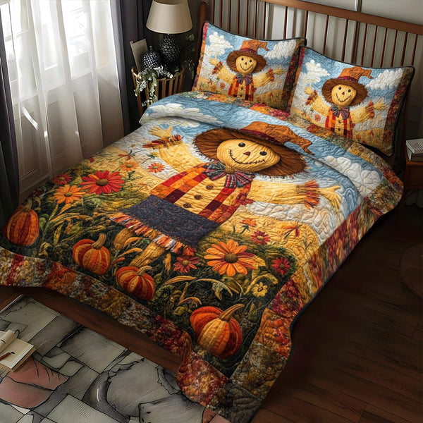 Scarecrow Harvest Vibe quilted 3-piece bedding set on a made bed with two matching pillow shams