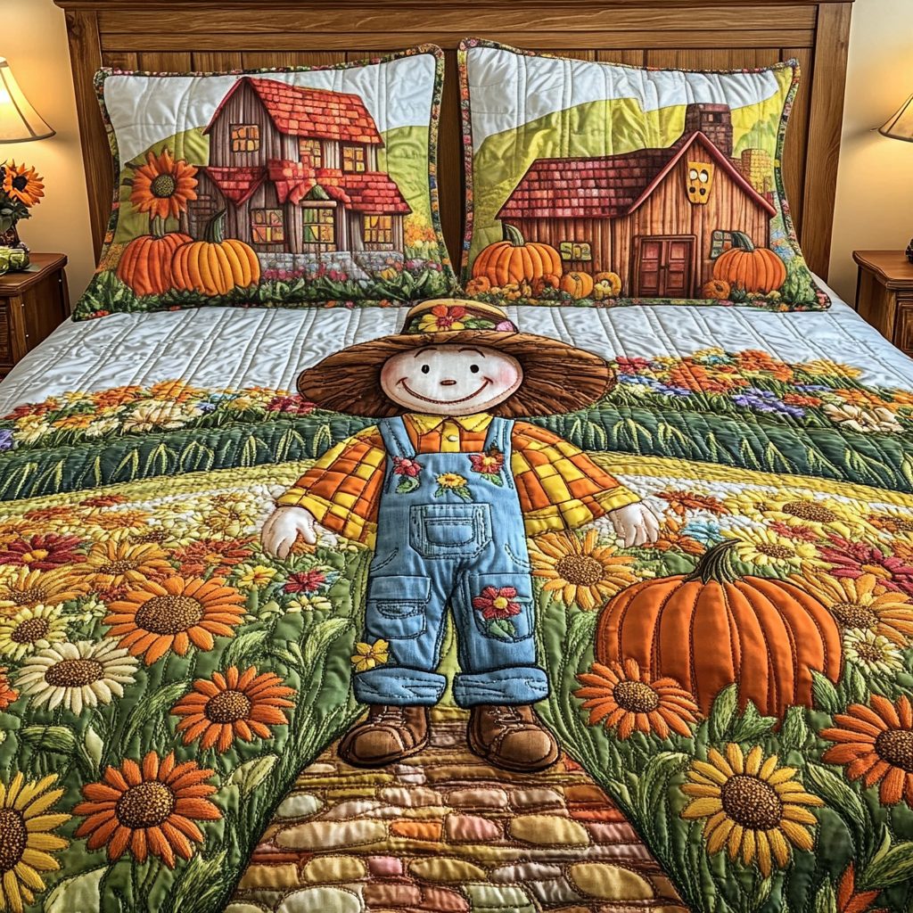 Scarecrow Patch quilted 3-piece bedding set on a made bed with two matching pillow shams