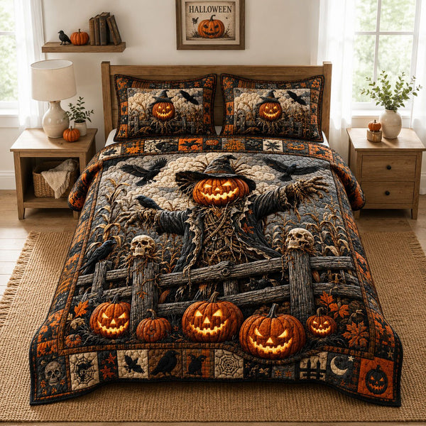 Scarecrow Pumpkin Patch quilted 3-piece bedding set on a made bed against a dark styled interior