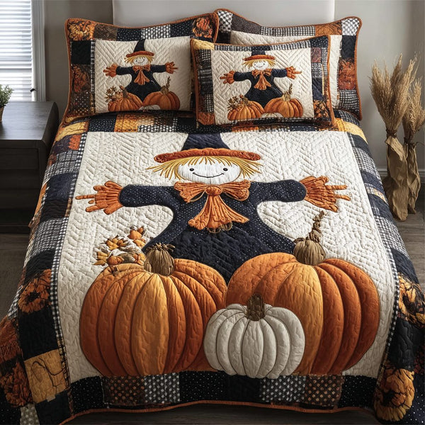 Scarecrow Smile quilted 3-piece bedding set on a made bed with two matching pillow shams