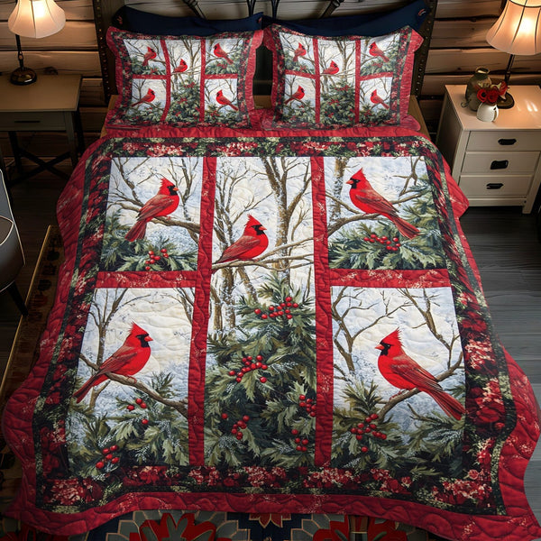 Scarlet Birdsong quilted 3-piece bedding set on a made bed with two matching pillow shams