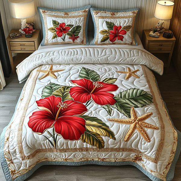 Scarlet Bloom quilted 3-piece bedding set on a made bed with two matching pillow shams