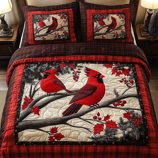 Scarlet Branches quilted 3-piece bedding set on a made bed in a rustic timber bedroom