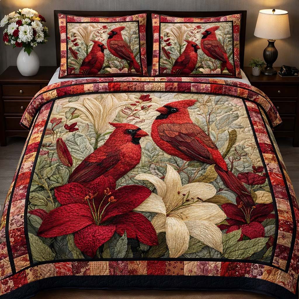 Scarlet Cardinal Duo quilted 3-piece bedding set on a made bed with two matching pillow shams