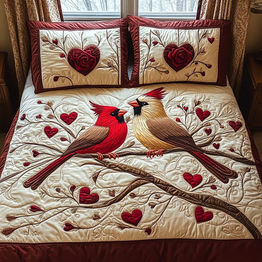 Scarlet Companions quilted 3-piece bedding set on a made bed with two matching pillow shams