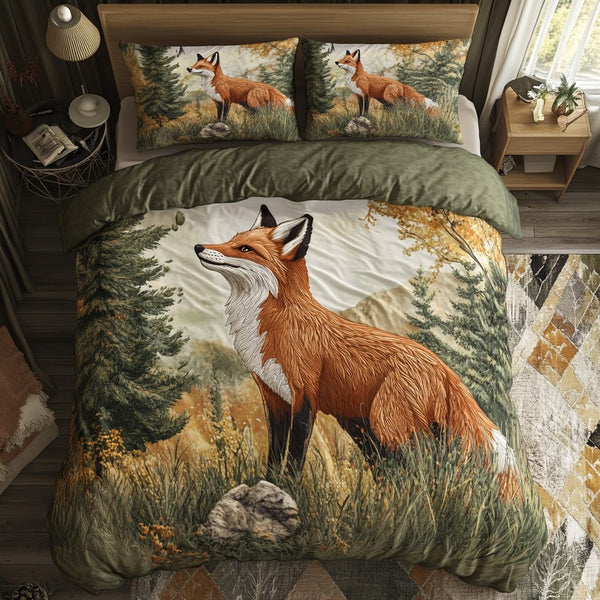 Scarlet Fox quilted 3-piece bedding set on a made bed with two matching pillow shams