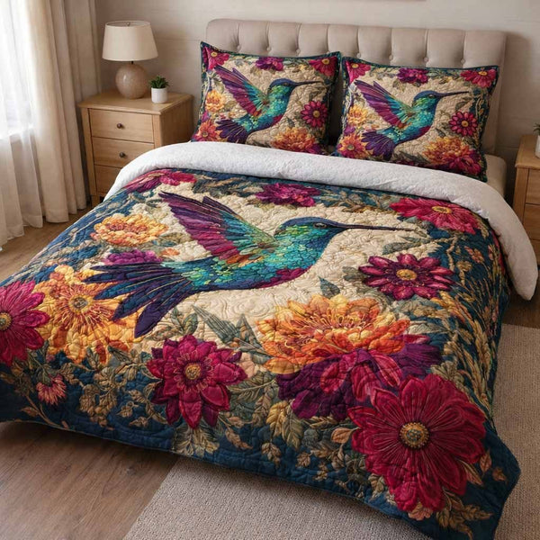 Scarlet Garden quilted 3-piece bedding set on a made bed with two matching pillow shams