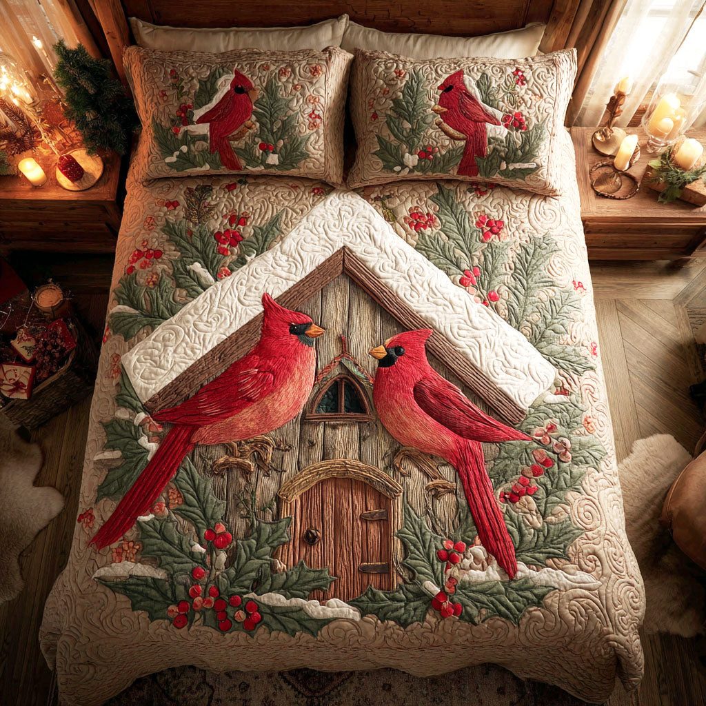 Scarlet Haven quilted 3-piece bedding set on a made bed with two matching pillow shams