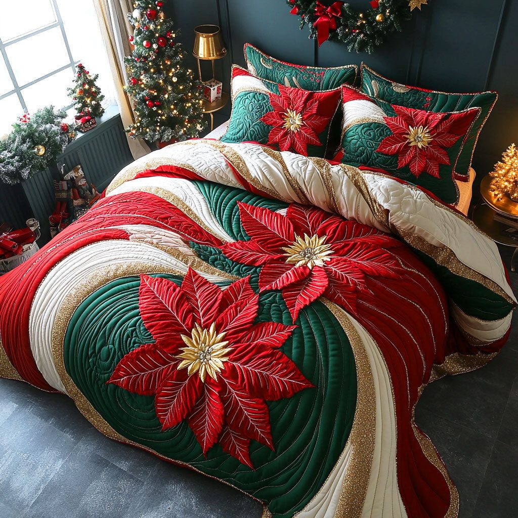 Scarlet Holly quilted 3-piece bedding set on a made bed with two matching pillow shams