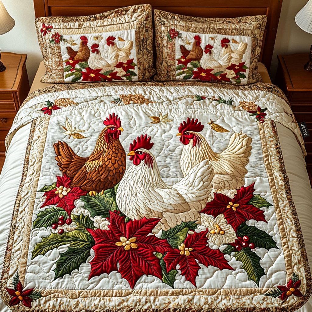 Scarlet Joy quilted 3-piece bedding set on a made bed with two matching pillow shams