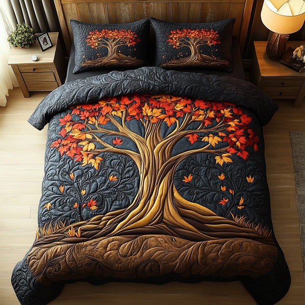 Scarlet Leaves quilted 3-piece bedding set on a made bed with two matching pillow shams