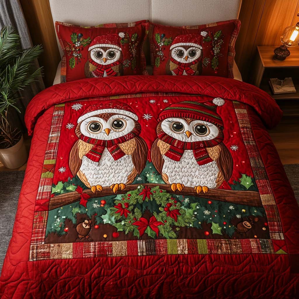 Scarlet Owls quilted 3-piece bedding set on a made bed with two matching pillow shams