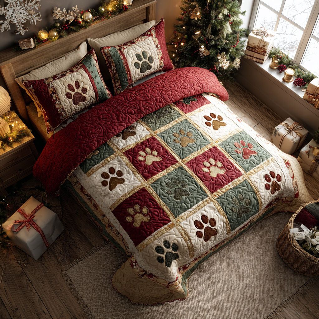 Scarlet Paws quilted 3-piece bedding set on a made bed with two matching pillow shams