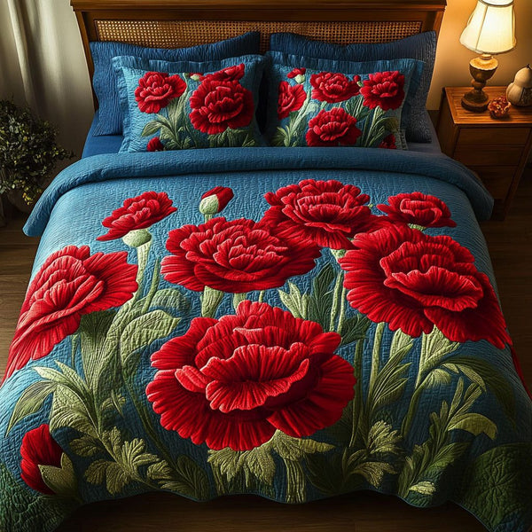 Scarlet Petals of Ohio quilted 3-piece bedding set on a made bed with two matching pillow shams