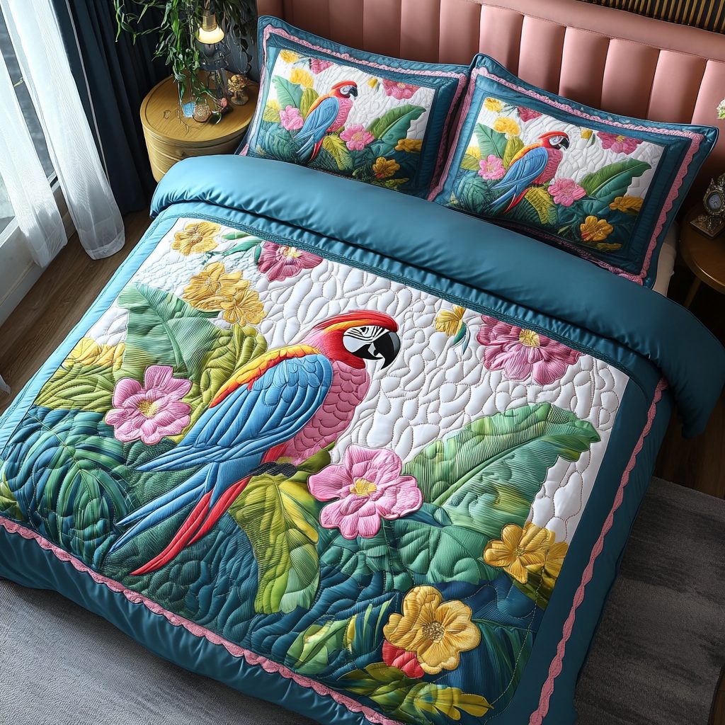 Scarlet Plumes quilted 3-piece bedding set on a made bed with two matching pillow shams