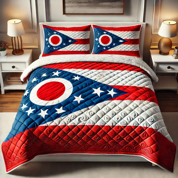 Scarlet Pride quilted 3-piece bedding set on a made bed with two matching pillow shams