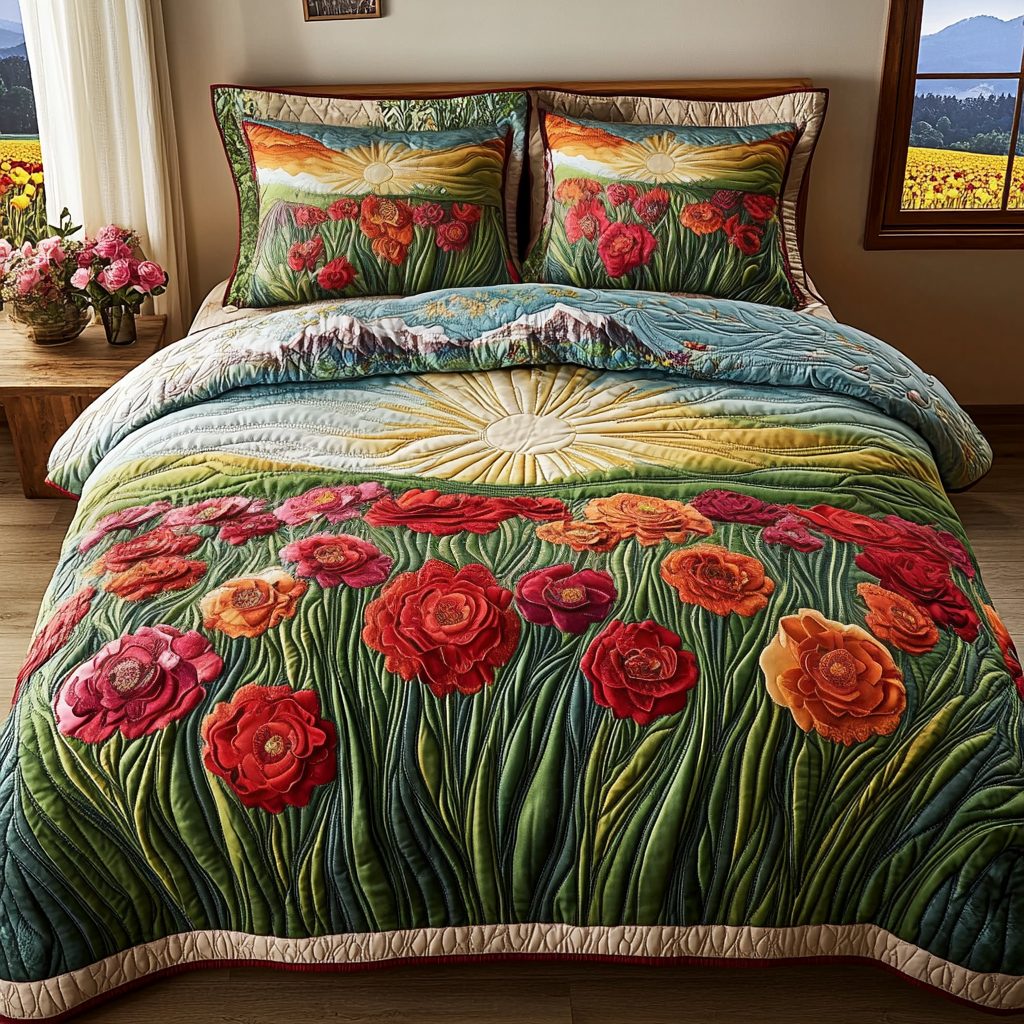 Scarlet Radiance quilted 3-piece bedding set on a made bed with two matching pillow shams