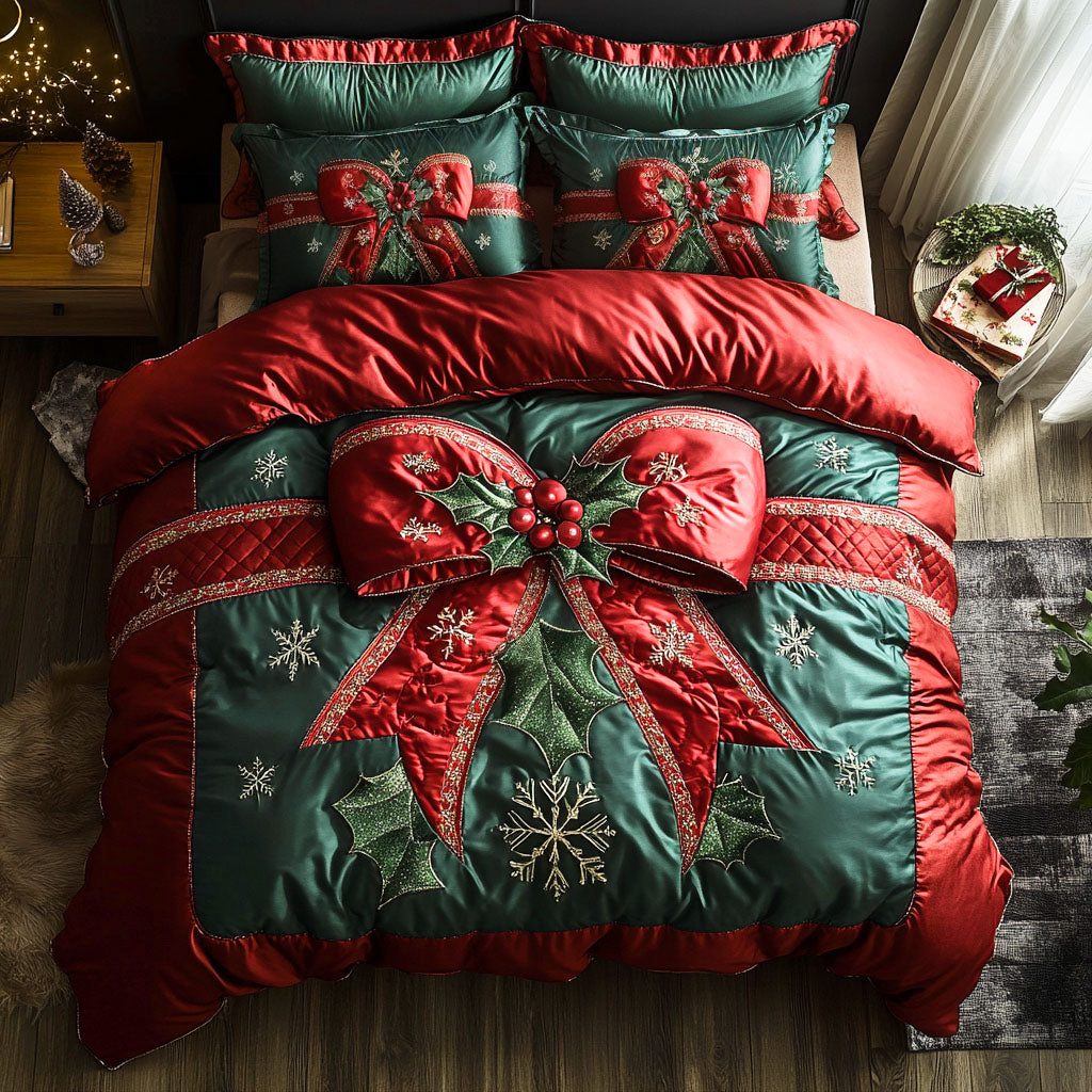 Scarlet Ribbon quilted 3-piece bedding set on a made bed with two matching pillow shams