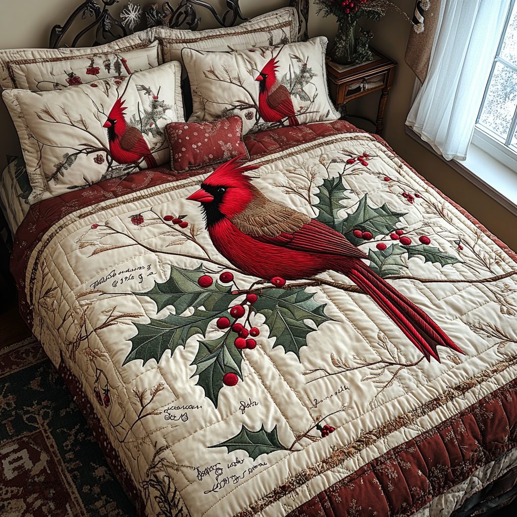 Scarlet Serenity quilted 3-piece bedding set on a made bed with two matching pillow shams