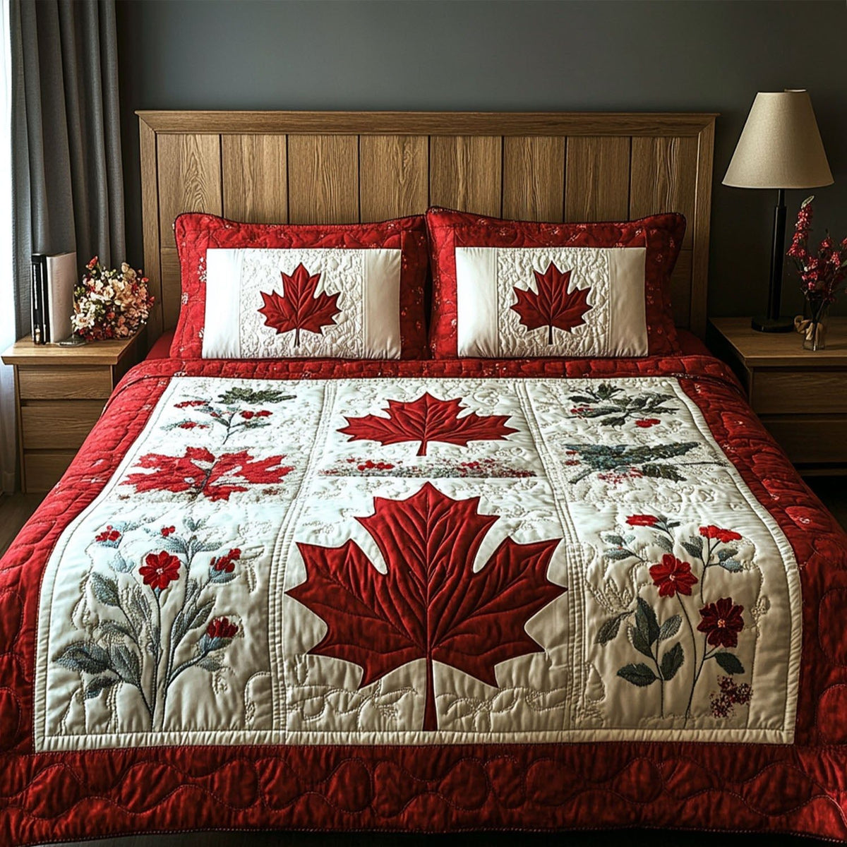 Scarlet Serenity quilted 3-piece bedding set on a made bed with two matching pillow shams