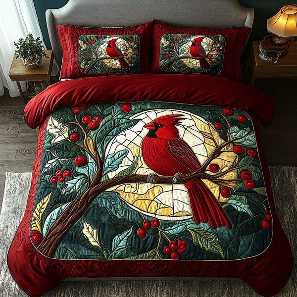 Scarlet Songbird Bliss quilted 3-piece bedding set on a made bed with two matching pillow shams