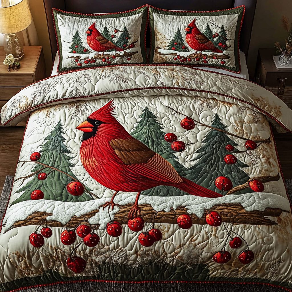 Scarlet Songbird quilted 3-piece bedding set on a made bed with two matching pillow shams