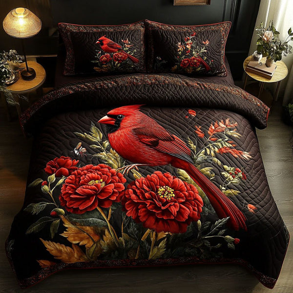Scarlet Wings of Ohio quilted 3-piece bedding set on a made bed with two matching pillow shams