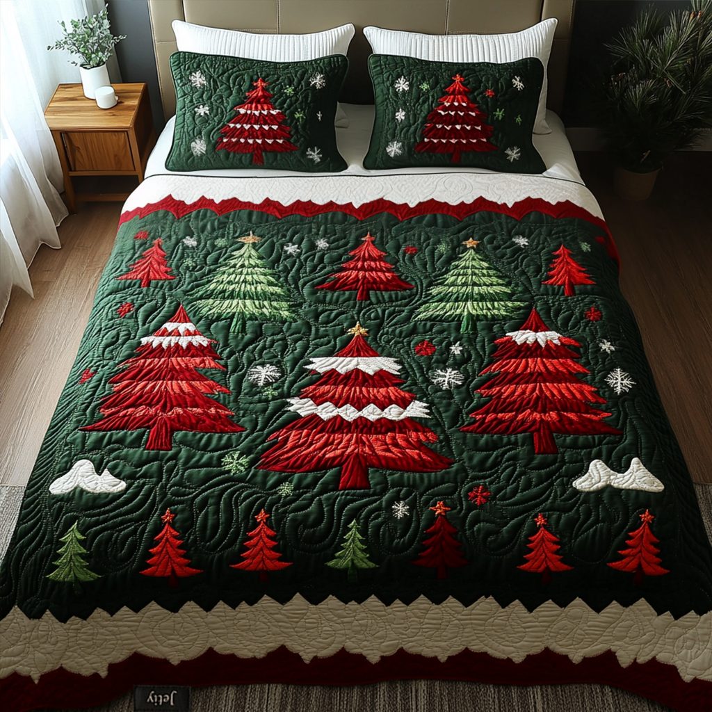 Scarlet Woods quilted 3-piece bedding set on a made bed with two matching pillow shams