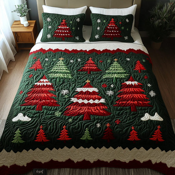 Scarlet Woods quilted 3-piece bedding set on a made bed with two matching pillow shams