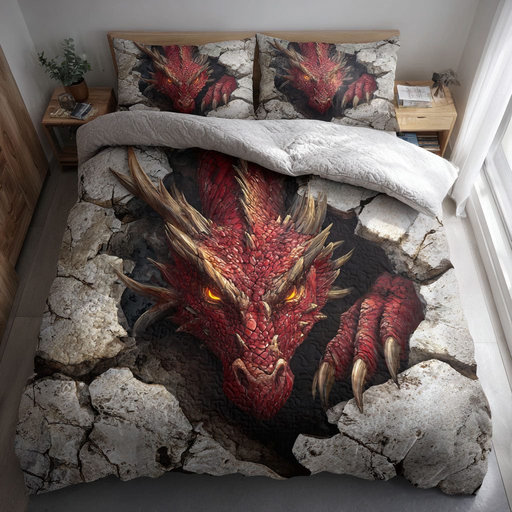 Scarlet Wrath quilted 3-piece bedding set on a made bed with two matching pillow shams