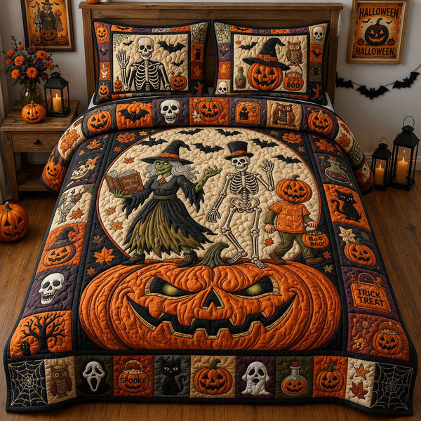 Scary Halloween quilted 3-piece bedding set on a made bed against a dark styled interior