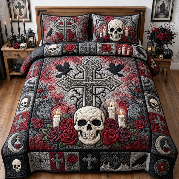 Scary Halloween quilted 3-piece bedding set on a made bed against a dark styled interior