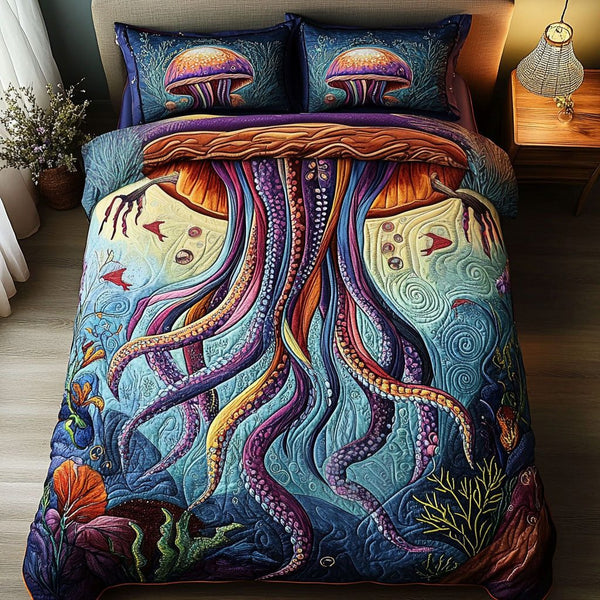 Scary Serenity quilted 3-piece bedding set on a made bed with two matching pillow shams