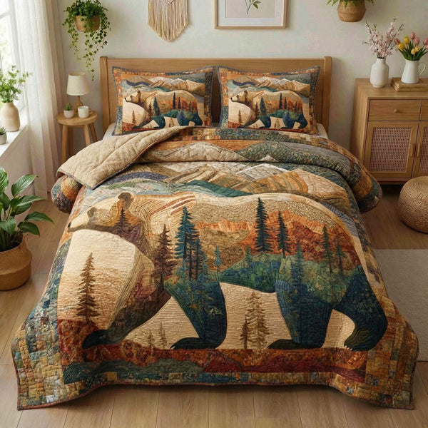 Scenic Bear quilted 3-piece bedding set on a made bed with two matching pillow shams