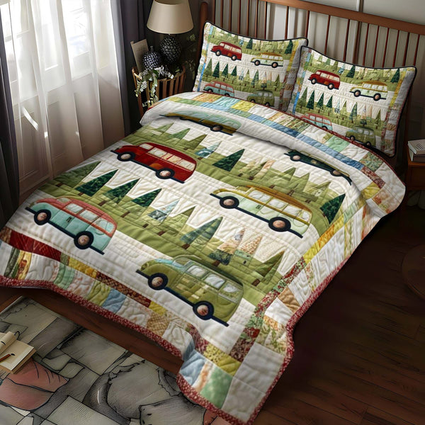 Scenic Camp quilted 3-piece bedding set on a made bed with two matching pillow shams