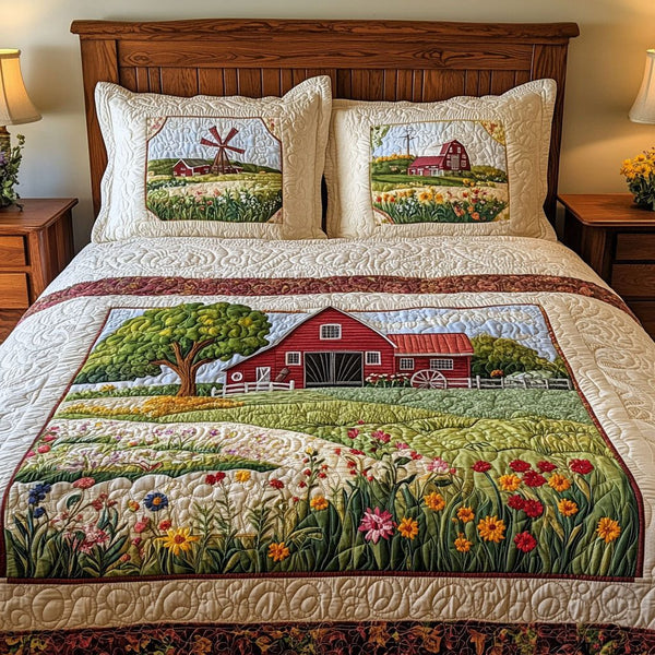 Scenic Farmstead quilted 3-piece bedding set on a made bed with two matching pillow shams