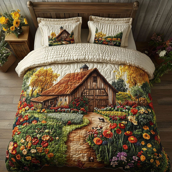 Scenic Homestead quilted 3-piece bedding set on a made bed in a rustic timber bedroom