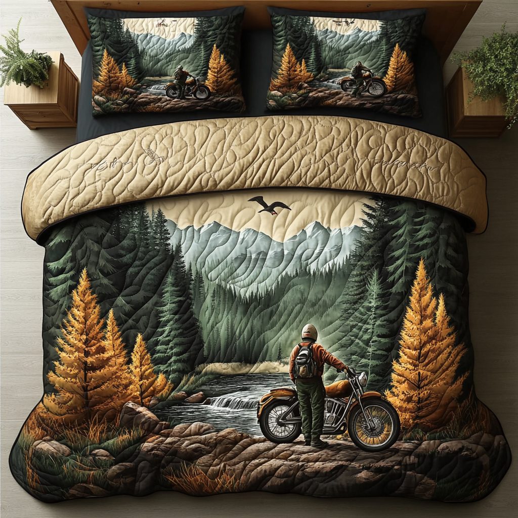 Scenic Journey quilted 3-piece bedding set on a made bed with two matching pillow shams