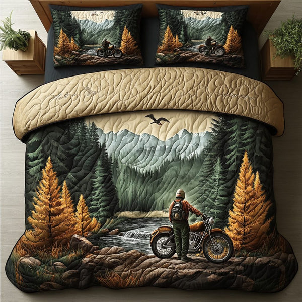 Scenic Journey quilted 3-piece bedding set on a made bed with two matching pillow shams