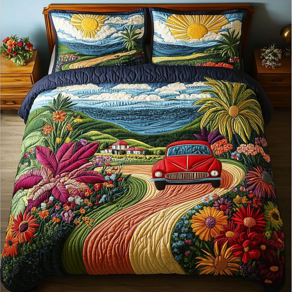 Scenic Retreat quilted 3-piece bedding set on a made bed with two matching pillow shams