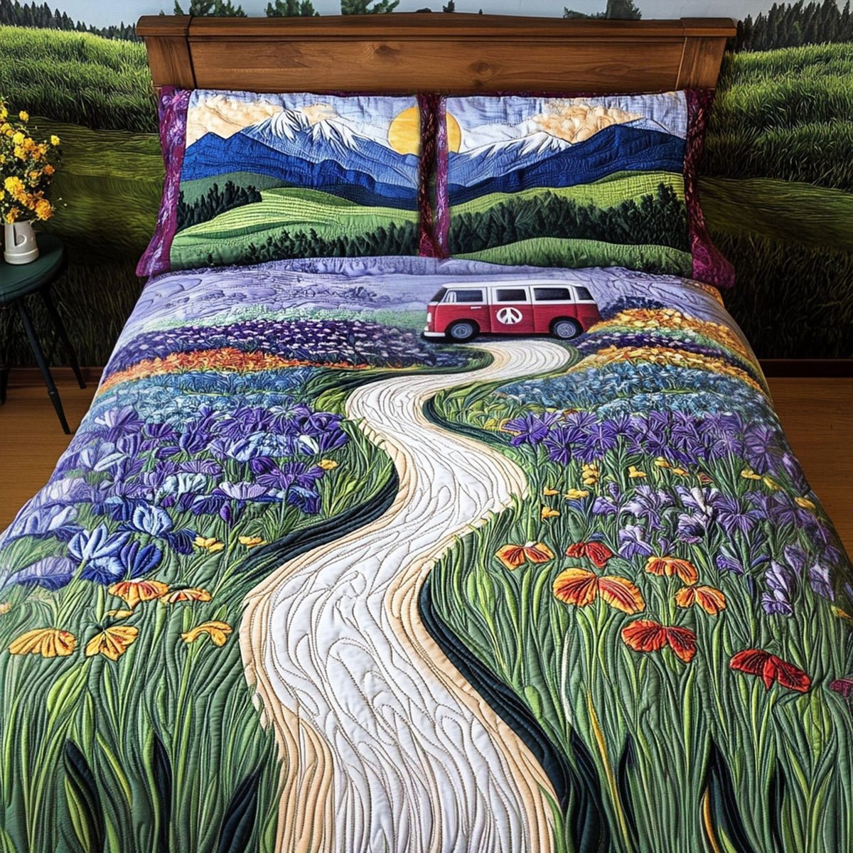 Scenic Road Wanderer quilted 3-piece bedding set on a made bed with two matching pillow shams